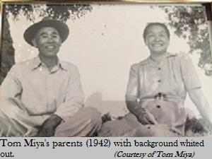Tom Miya's parents pose for a photo